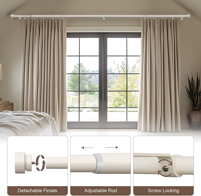 Lootkell Modern White Curtain Rods for Windows 28 to 48 Inches Adjustable Length Heavy Duty 1" Diameter Window Curtain Rod with Decorative Finials for Outdoor Bedroom Kitchen Living Room