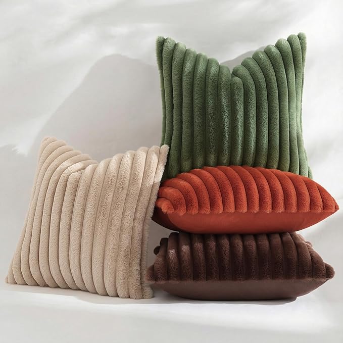 decorUhome Cozy Faux Fur Throw Pillow Covers 18x18 Set of 2 Decorative Soft Plush Striped Modern Farmhouse Boho Couch Pillow Cases with Velvet Back for Sofa Bed Living Room, Khaki Brown