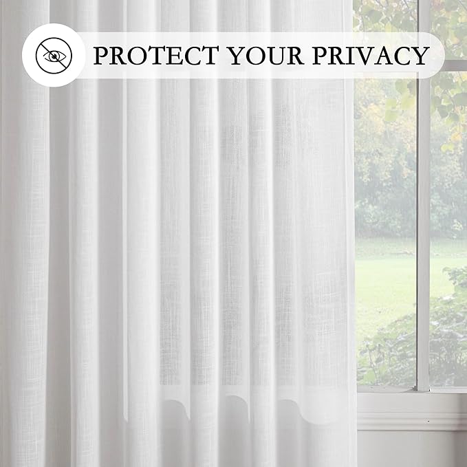 MYSKY HOME Floor to Ceiling Curtains 102 Inches White Sheer Window Drapes 2 Panel Sets Linen Look Boho Fabric Back Tab Draperies, Soft Cotton Blend Light Filtering for Living Room，50" Wide