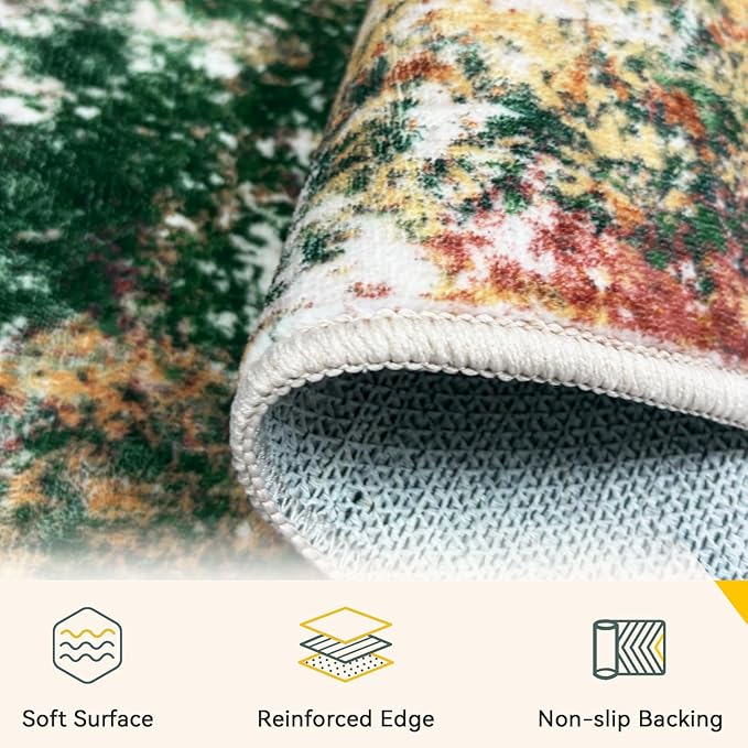 Washable Area Rugs 6ft Non-Slip Modern Abstract Soft for Living Room Entryway Bedroom Nursery, Print Pattern, Green Orange Rust Red Cream Colorful