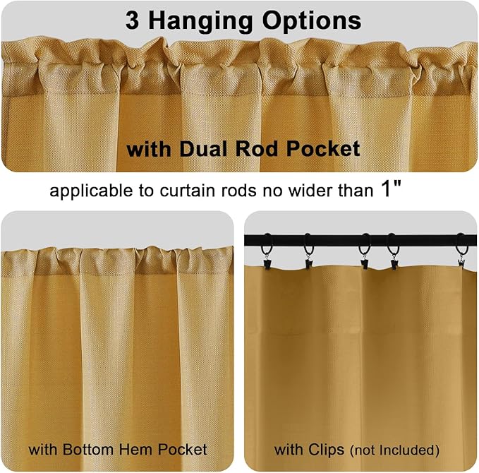 Chyhomenyc Gold Valance for Windows, Light Filtering Faux Linen Textured Small Window Kitchen Valance, Rod Pocket Short Curtain for Bathroom Laundry Basement, 60Wx14L inch, 1 Piece
