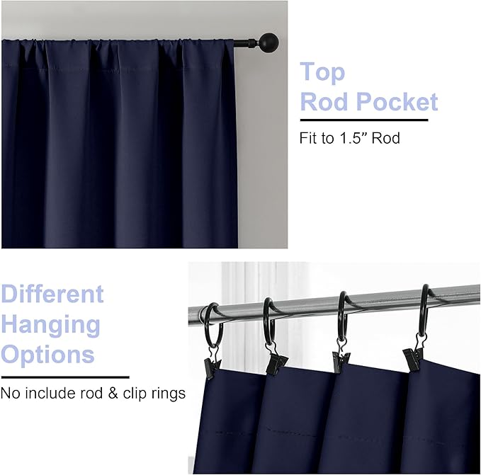 Simplebrand Ava Navy Blue Blackout Curtains for Bedroom 63 Inch Length 2 Panels, Solid Thermal Insulated Energy Saving Rod Pocket Window Treatment Curtains Blackout Drapes, W40 x L63 Inch, Navy Blue