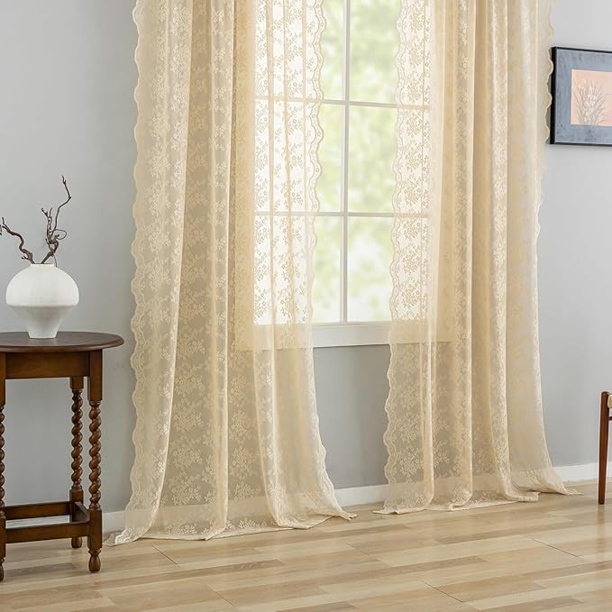 YJ YANJUN Vintage Lace Curtains 102 Inch Long-Victorian Floral Pattern Beige Sheer Curtain Panels for Living Room Home Office Light Filtering Ceiling to Floor for Large Window W52 X L102 Light Beige