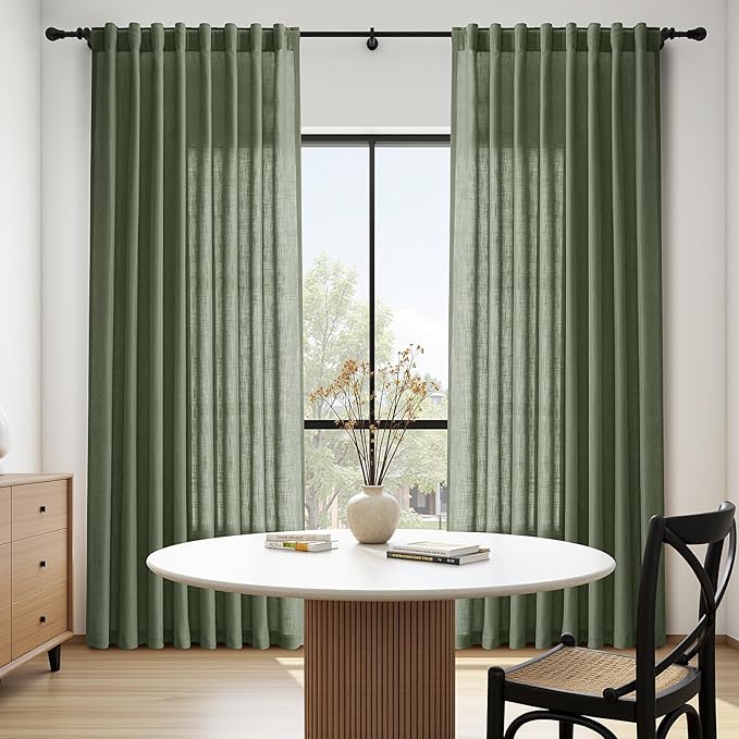 Nanspring Olive Green Linen Sheer Curtains 96 Inches Long 2 Panel Set Back Tab Rod Pocket Semi Sheer Light Filtering Breathability Elegance Modern Design for Bathroom Living Room 60x96