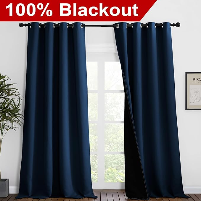 NICETOWN 100% Blackout Blinds, Laundry Room Decor Window Treatment Curtains for Large Patio Sliding Door, Thermal Insulated Moroccan Blue Curtains for Bedroom, Set of 2, 55 inches x 102 inches