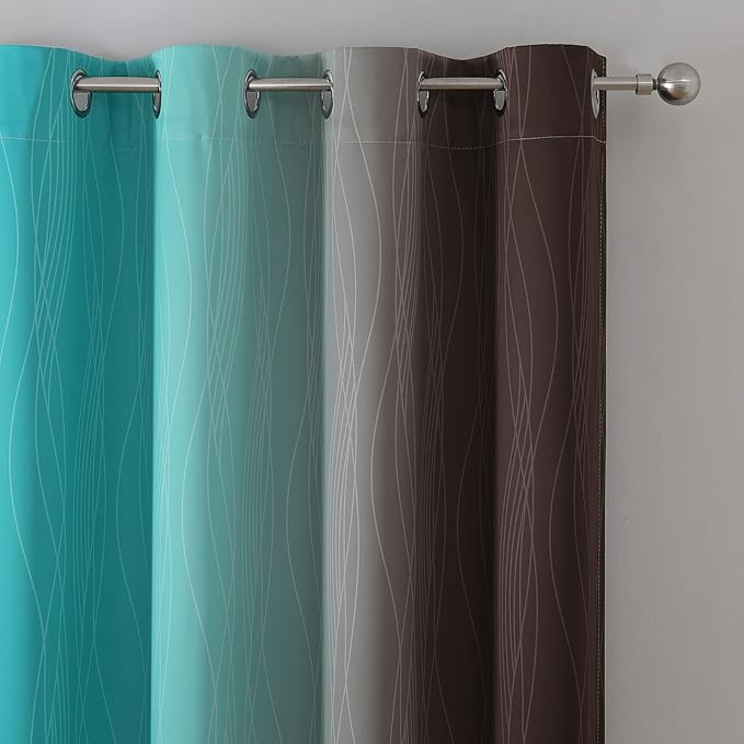 Estelar Textiler Teal and Brown Blackout Curtains 54 Inch Length, Light Blocking Gradient Grommet Drapes for Living Room, Thermal Insulated Ombre Curtains for Bathroom,52Wx54L,2 Panels