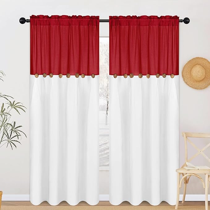 FRAMICS Farmhouse Cotton Linen Curtains for Living Room, Rustic Button Curtains 84 Inch Length 2 Panels, Boho Country Linen Window Curtain for Bedroom Rod Pocket Drapes, 52 x 84 Inch, Red and White
