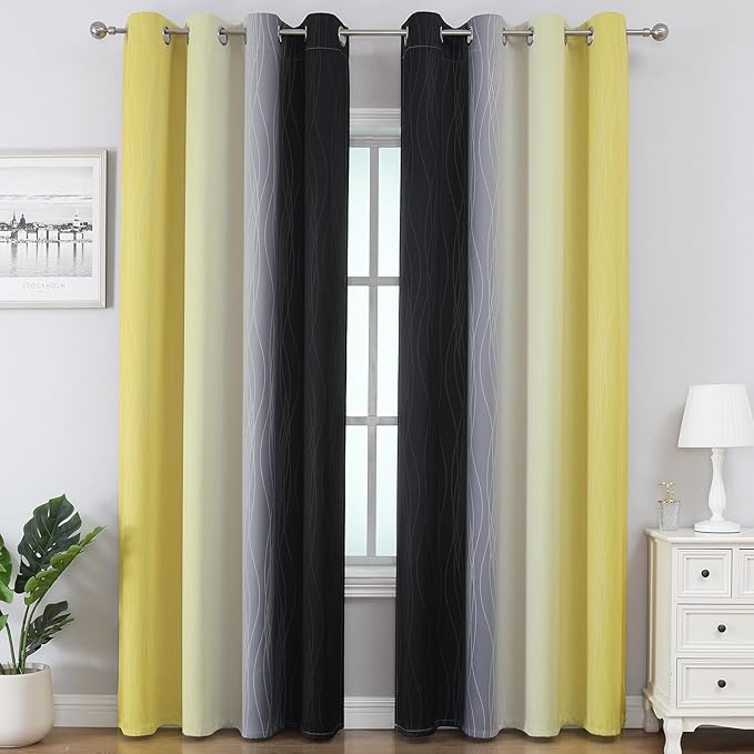 Estelar Textiler Black and Yellow Ombre Blackout Curtains for Bedroom, Room Darkening Energy Saving Grommet Curtains for Living Room, Thermal Insulated Gradient Blackout Drapes,52Wx84L,2 Panels