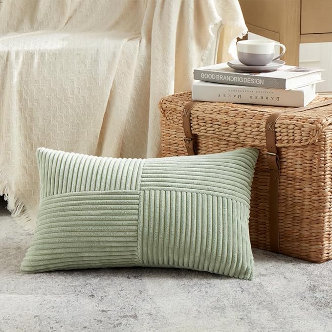 Fancy Homi 2 Packs Sage Green Lumbar Decorative Throw Pillow Covers 16x28 Inch for Living Room Couch Bed, Rustic Farmhouse Boho Home Decor, Soft Striped Corduroy Rectangle Accent Cushion Case 40x70 cm