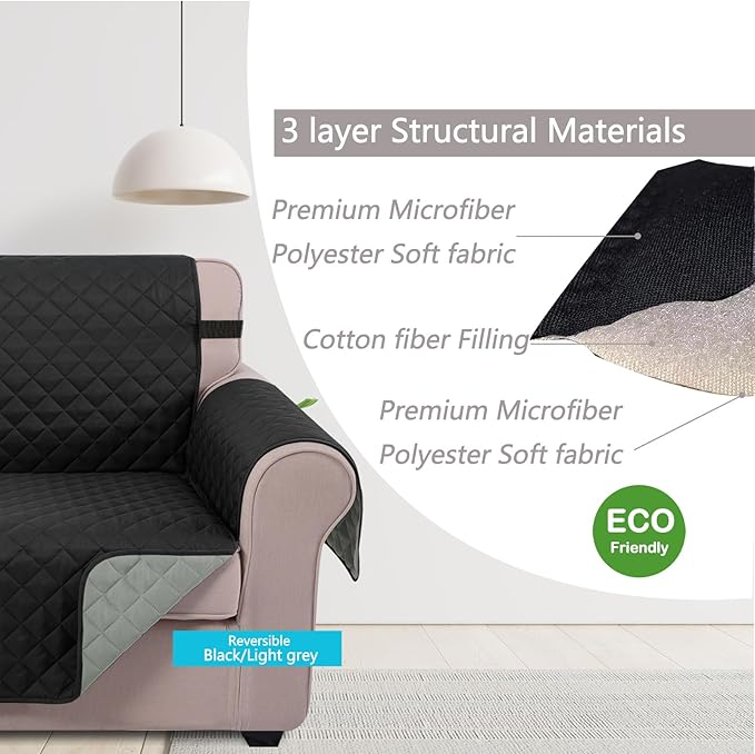 U-NICE HOME Reversible Oversized Chair Covers Quilted Water Repellent Pet Protectors with Elastic Straps(28''Armchair, Black/Grey)