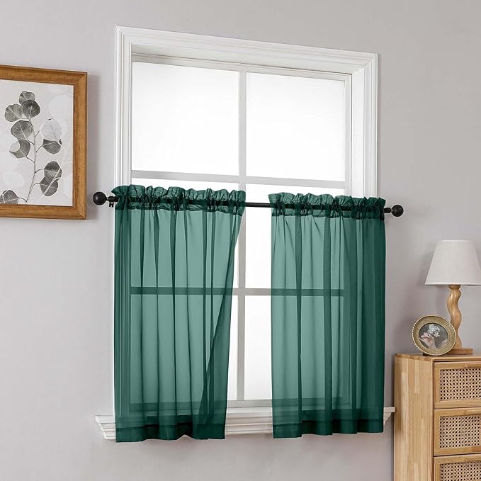 Green Small Sheer Curtains 2 Panels Set, Kitchen Curtains 36 Inch Length, Elegant Light Filtering Short Window Drapes for Living Room Bedroom, Dual Rod Pocket, Hunter Green, 2x42Wx36L Inches
