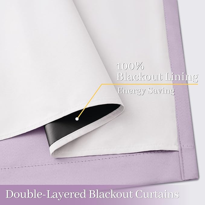 Yakamok 100% Blackout Curtain Panels 96 inches Cold and Light Blocking Drapes for Nursery, 2 Thick Layers Thermal Insulated Draperies (2 Pieces, 50 Wide Each Panel, Lilac Front with White Backing)