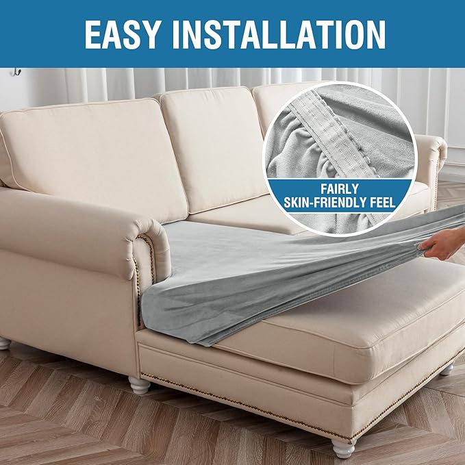 Couch Cover 6-Piece Elastic Velvet Couch Cushion Covers & Chaise Slipcovers for L-Shaped Sofas - Sofa Seat Covers Washable, Soft Protector for Couches (5 Seater + Chaise, Light Grey)