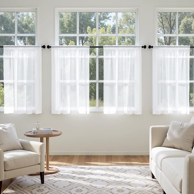 MIULEE Short Sheer Curtains 54 Inches Long, 4 Panels Set, Light Filtering Rod Pocket Curtains for Kitchen/Bathroom Small Windows, 42W x 54 Inches, White