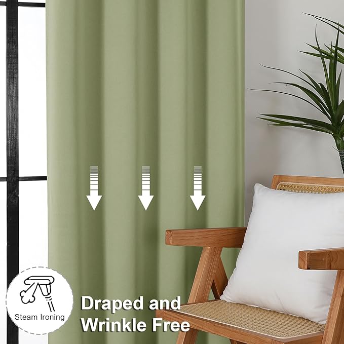 Simplebrand Ava Sage Green Blackout Curtains for Bedroom 96 Inches Long 2 Panels, Solid Thermal Insulated, Energy Saving Living Room Window Treatment Curtains Blackout Drapes, W50 x L96 Inch, Sage