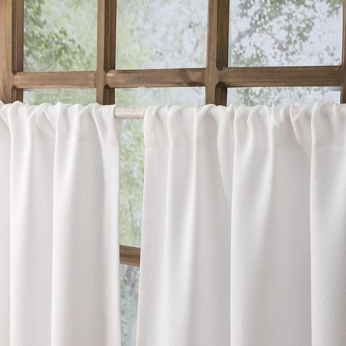 Oindec aux Linen Kitchen Curtains 45 Inch Length Cafe Curtain Tiers for Living Room Basement Bathroom Windows Country Rustic Small Short Curtains, Set of 2, White