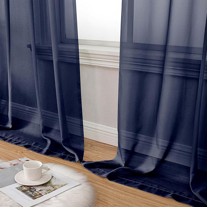 Navy Blue Sheer Curtains 84 Inches Long 2 Panels, Soft Airy Light Filtering Curtains for Bedroom Living Room, Rod Pocket Privacy Drapes Window Treatments, Navy Blue, Total Wide 84 Inch