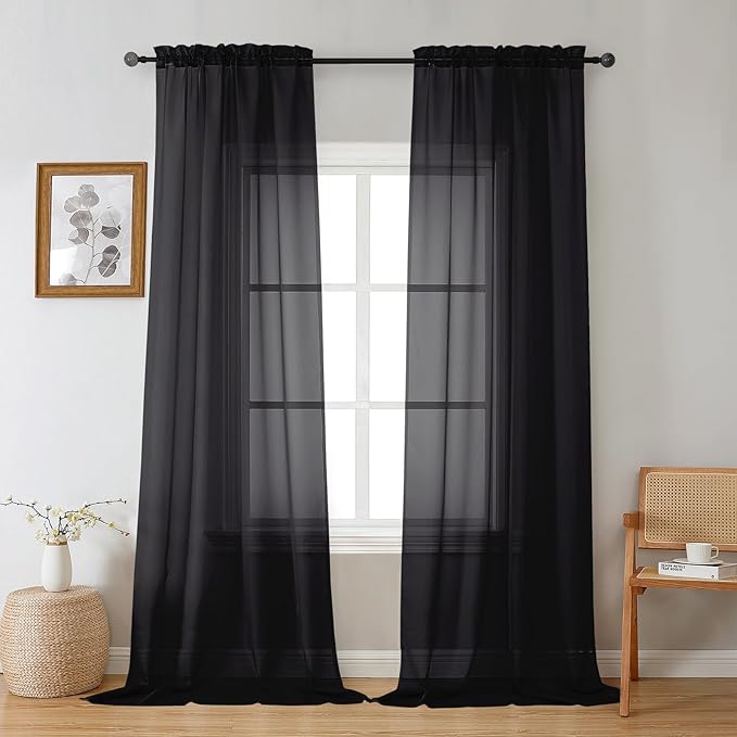 Gwine Extra Long Black Sheer Curtains 120 Inches Long 2 Panels Set, Voile Light Filtering Window Drapes for Patio Door/Birthday Party/Hallway Window Guest Room, Each 42Wx120L in, 10FT, Black