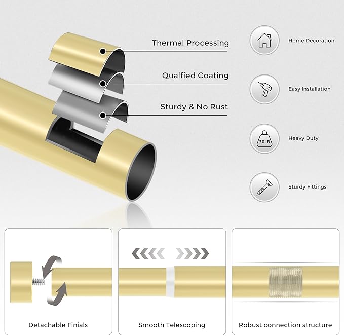 VOIIY Gold Curtain Rods for Windows 66 to 120 Inch(5.5-10 Feet),1" Diameter Drapery Rods with Modern Style End Cap Finials,Size:36-120 Inch