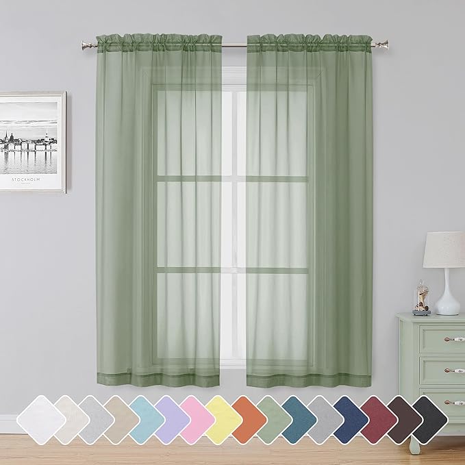 Simplebrand Sage Sheer Curtains 63 Inch Length 2 Panels, Rod Pocket Solid Color Window Sheer Curtain Panels, Elegant Curtains & Drapes for Living Room, Bedroom 2 Panels (Sage, 42" W x 63" L)