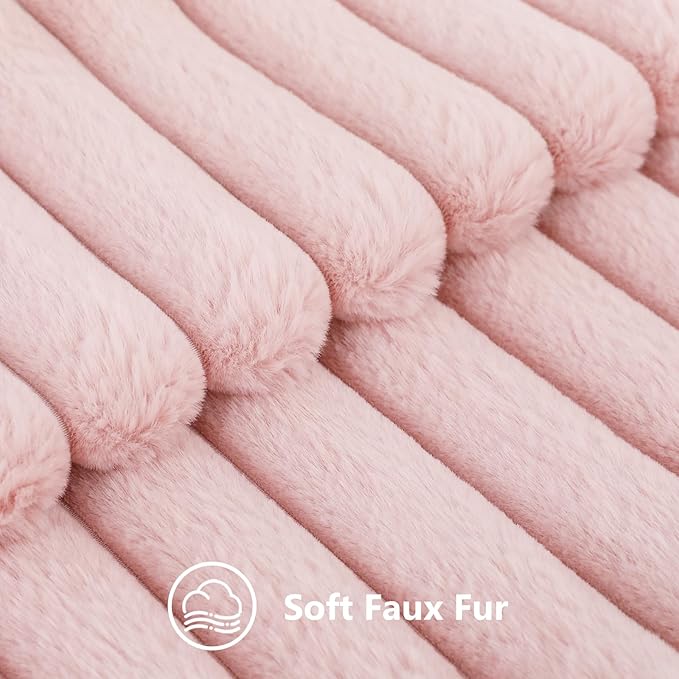decorUhome Summer Cozy Faux Fur Throw Pillow Covers 22x22 Set of 2 Decorative Soft Plush Striped Modern Farmhouse Boho Couch Euro Sham Pillow Cases with Velvet Back for Sofa Bed Living Room, Pink