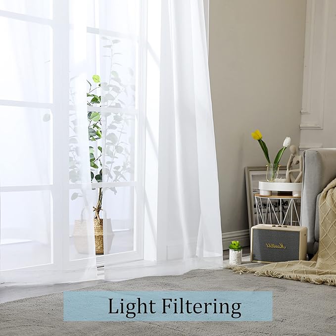 OWENIE Sheer White Curtains, Sheer Curtains 90 inches Long 2 Panels Set, Rod Pocket Voile Fimly Sheer Drapes for Living Room/Bedroom, 2pcs, Each 42" W x 90" L