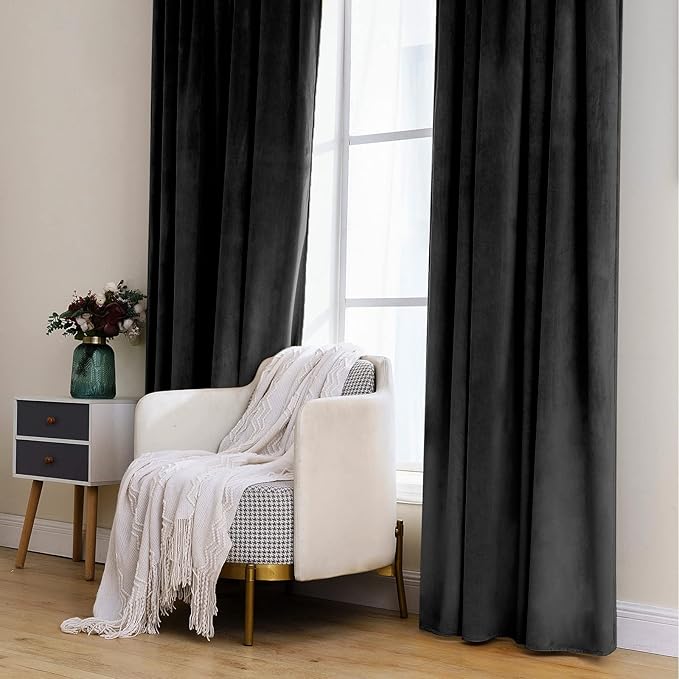MIULEE Black Velvet Curtains 108 inches Long 2 Panels - Luxury Blackout Curtains for Bedroom Living Room Thermal Insulated Halloween Decorations Decor Super Soft Window Drapes Rod Pocket & Back Tab