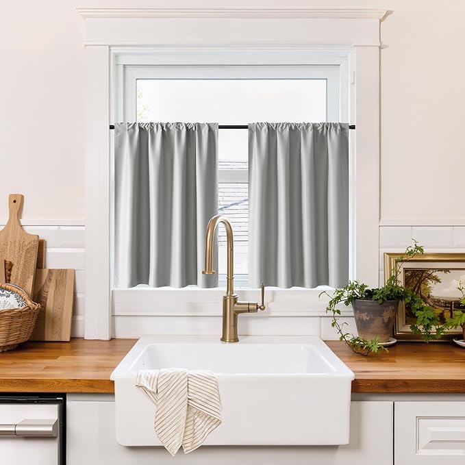 RYB HOME 100% Blackout Basement Curtains 30 inches Long, Heat & UV Blocking Total Room Darkening Noise Reducing Curtains for Bathroom RV Campers, Sliver Grey, 2 Panels Set