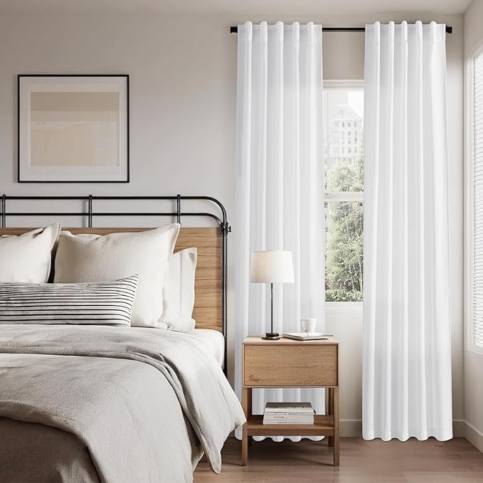 White Linen Curtains 90 Inches Long for Living Room Back Tab Rod Pocket Semi Sheer Light Filtering Neutral Solid Drapes Modern Rustic Farmhouse Decor Curtains for Dining Room 2 Panels Set 40x90