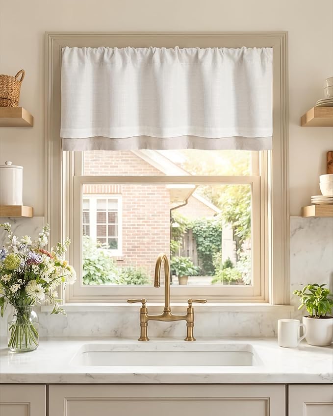 jinchan Curtain Light Filtering Kitchen for Living Room Bedroom Small Windows Valance 18 Inch Double Layer Farmhouse Window Rustic Overlay Rod Pocket 1 Panel Ivory