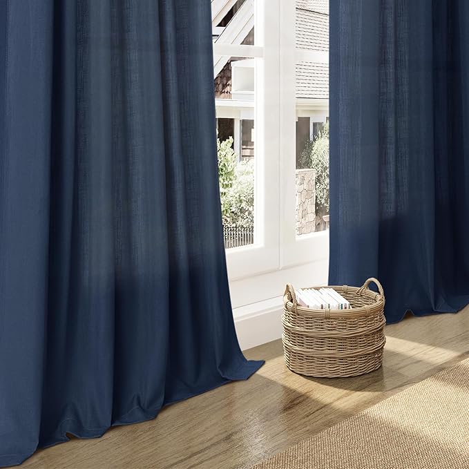 Denim Blue Linen Curtains 84 Inch Length 2 Panels Set for Living Room Rod Pocket Back Tab Light Filtering Window Drapes for Bedroom Dining Room Protect Privacy Country Farmhouse Decor 52x84