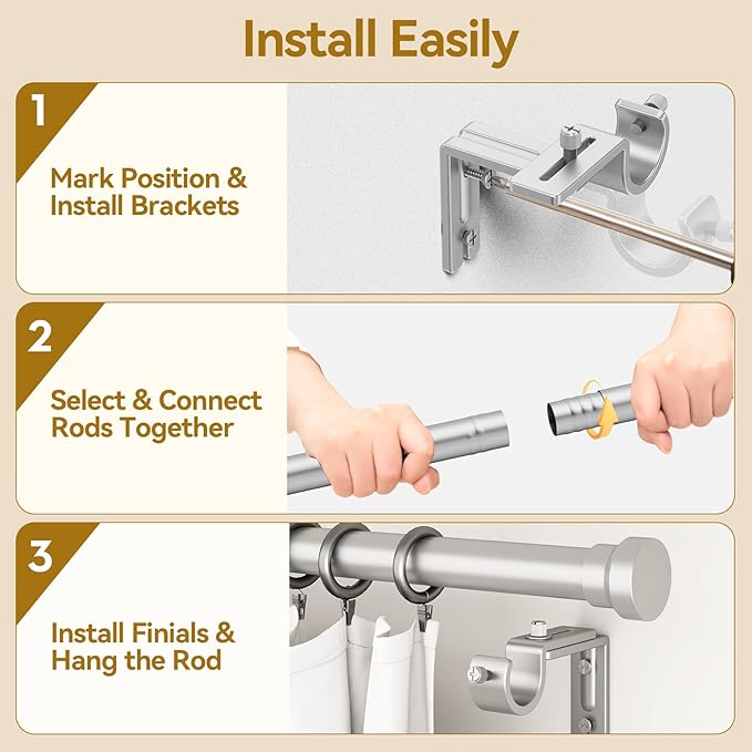YaFex Curtain Rods 2 Pack 32-118 Inch, Heavy Duty 1 Inch Curtain Rod, Silver Long Adjustable Window Treatment Rods,Modern Design, Easy Installation