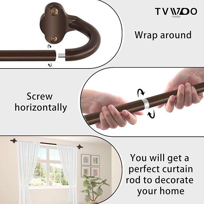 TVWOO Bronze Wrap Around Curtain Rods 2 Pack:Small Blackout Adjustable Window Curtain Rod for Bedroom Kitchen Apartment Renter Friendly,Room Darkening Curved Drapery Rods Easy Install,Brown 28-48 Inch