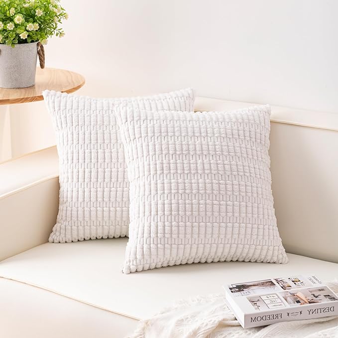 Pack of 2 Corduroy Decorative Throw Pillow Covers 20x20 Inch Soft Striped Pillow Covers Modern Farmhouse Home Decor for Sofa Living Room Couch Bed（White）