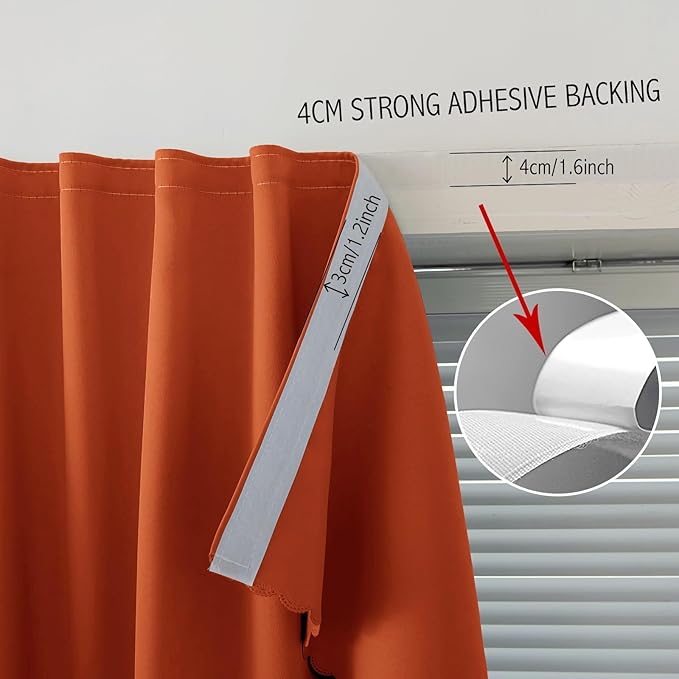Self Adhesive Curtains Portable Blackout Curtain Simple and Easy to Install Bedroom Window Thermal Lnsulated Kitchen Room Darkening Black Small Drapes, 47" W X 71" L, Orange, 1 Panel