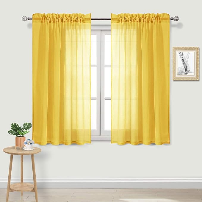 DWCN Yellow Sheer Curtains Semi Transparent Voile Rod Pocket Curtains for Bedroom, Living Room and Kitchen, 52 x 54 inches Long, Set of 2 Panels