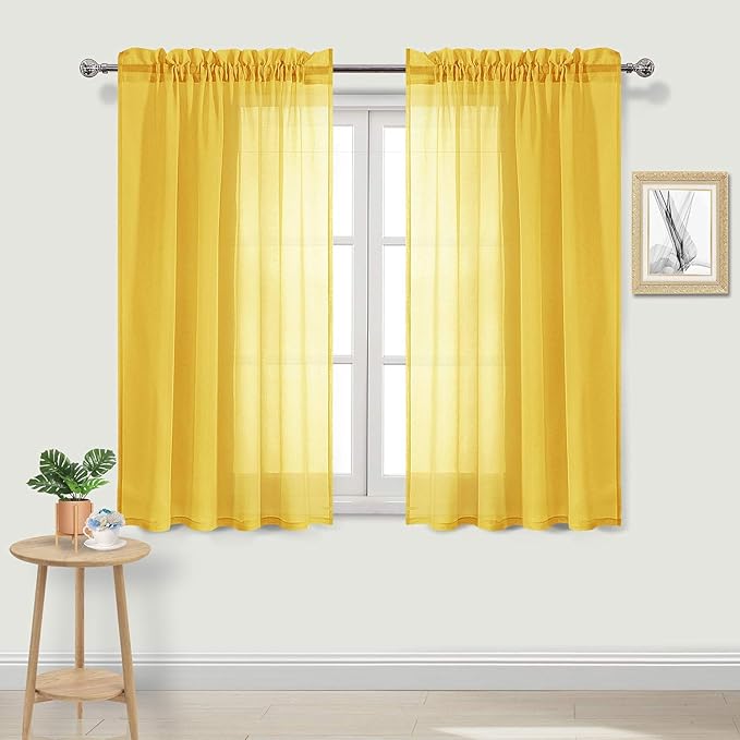 DWCN Yellow Sheer Curtains Semi Transparent Voile Rod Pocket Curtains for Bedroom and Living Room, 42 x 54 inches Long, Set of 2 Panels