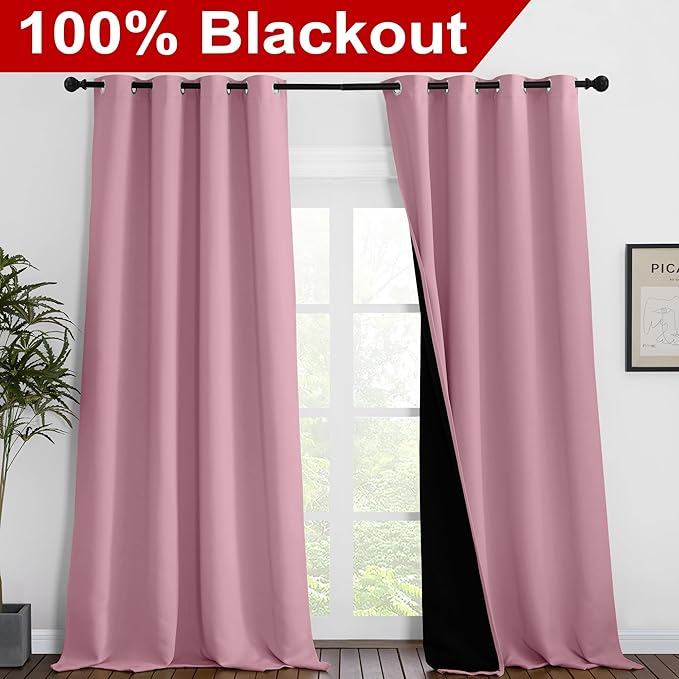 NICETOWN 100% Blackout Blinds, Laundry Room Decor Window Treatment Curtains for Large Patio Sliding Door, Thermal Insulated Crystal Pink Curtains for Bedroom, Set of 2, 55 inches x 102 inches