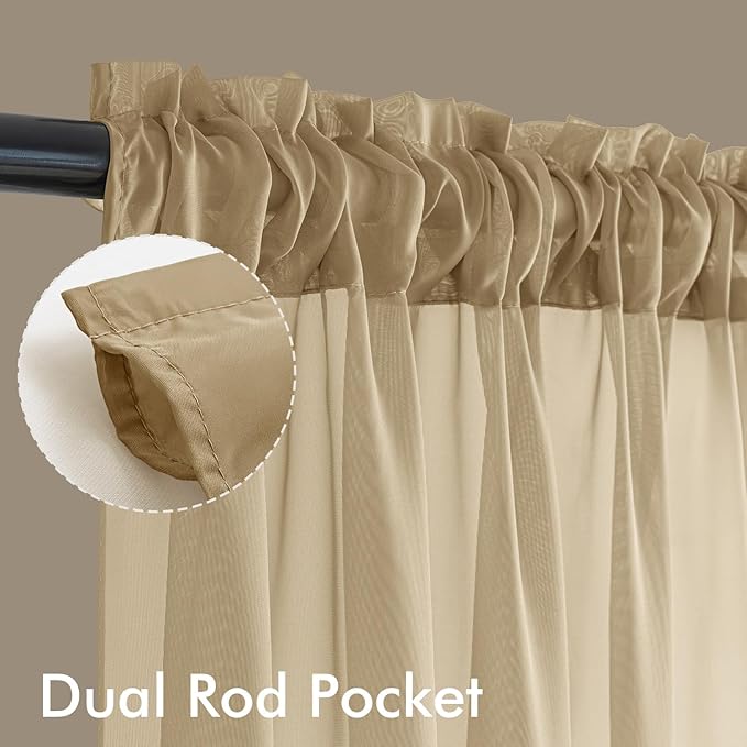 MIULEE Beige Sheer Curtains 63 Inches Long, 4 Panels Set, Rod Pocket Voile Drapes Light Filtering and Semi Transparent, Elegant Window Treatments for Bedroom Living Room,42 x 63 Inches