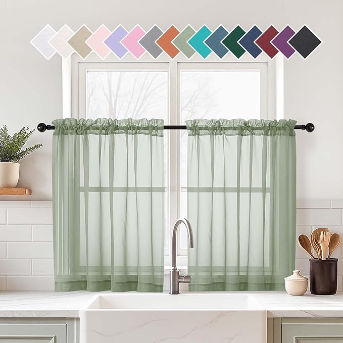 Sage Green Small Sheer Curtains 2 Panels Set, Kitchen Curtains 36 Inch Length, Elegant Light Filtering Short Window Drapes for Living Room Bedroom, Dual Rod Pocket Design, 2x42Wx36L Inches