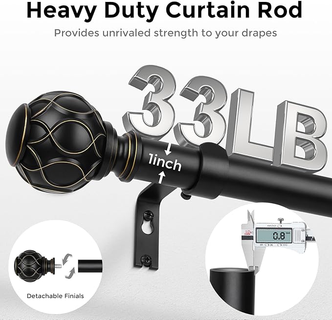 Black Curtain Rod, Heavy Duty 1 Inch Decorative Curtain Rods for Windows 30 to 56 Inch, Single-Side Adjustable Vintage Rustic Matte Black Drapery Pole Set with Boho Netted Texture Finials