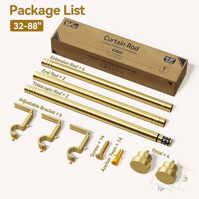 YaFex Curtain Rods 2 Pack 32-84 Inch, Heavy Duty 1 Inch Curtain Rod, Gold Long Adjustable Window Treatment Rods, Modern Design, Easy Installation