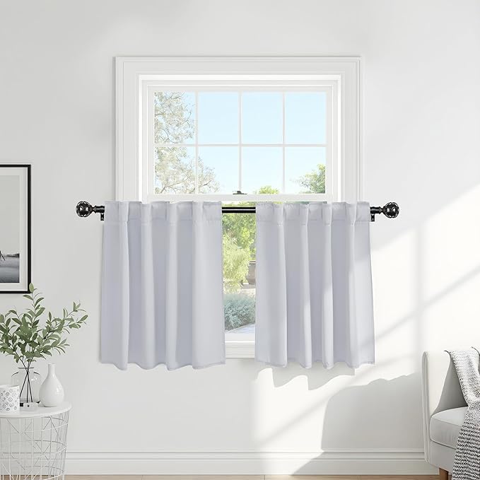 PONY DANCE White Curtains for Small Window Energy Efficiency Room Darkening Curtains for Kids Nursery/Dining Room/Bathroom, W 34 x L 36 inch per Panel, Grayish White, 2 Panels