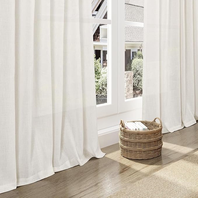 Nanspring Extra Wide 100x108 Inch Linen Curtains for Living Room Divider Light Filtering Semi Sheer Curtains for Sliding Door Beige White Coastal Decor Floor to Ceiling Window Curtain Panel