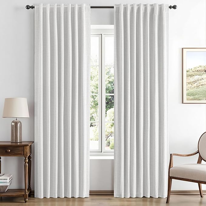 MIULEE 100% Blackout Linen Curtains for Bedroom, Heathered White Solid Luxury Decor Thermal Insulation Room Darkening Drapes for Living Room Nursery Back Tab Rod Pocket 42 x 63 Inches, 2 Panels