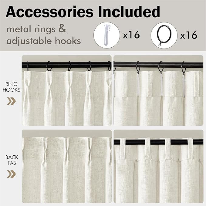 MIULEE Pinch Pleated Linen Curtains 96 Inches Long 2 Panels for Living Room Bedroom, Memory Trained Drapes Pinch Pleat Back Tab Light Filtering Neutral Ivory Cream Farmhouse Boho Window Curtains