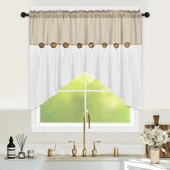 FRAMICS Farmhouse Swag Curtain, Boho Cotton Linen Valance Curtain, Rustic Button Window Valance for Kitchen, Country Rod Pocket Valances for Windows Bathroom Bedroom, Linen and White, 52 x 36 Inch