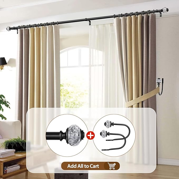USFOOK 7/8 inch Curtain Rods for Windows 66 to 120 Inch, Telescoping Splicing Drapery Rods, Decoration for Home with Black Decorative Translucent Finials
