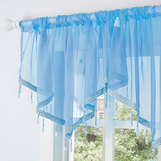 Molaxhome Lace Valance Swag Curtain 51 Inch Scalloped Sheer Curtain Panels with Crystal Beads - Rod Pocket Farmhouse Window Treatment for Kitchen Bedroom 1pc Boho Chic Drape Decor Blue