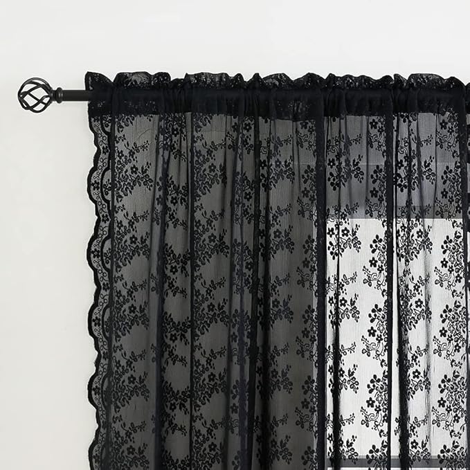 YJ YANJUN Vintage Lace Curtains 72 inch Length Goth Black Floral Sheer Sidelight Curtains for Front Door Coffin/Dark/Halloween/Spooky/Skull/Moody/Witch/Creepy Room Decor 52" W x 72" L